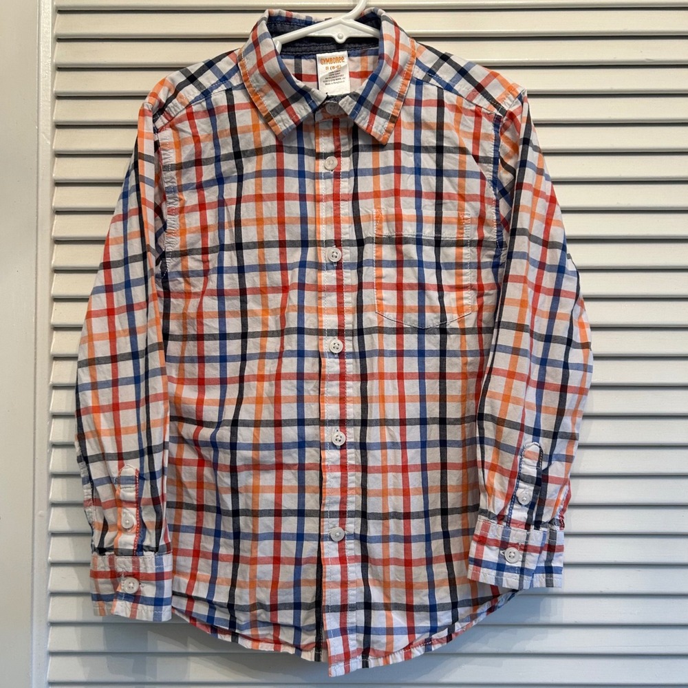 Gymboree Boys Plaid Button Down Shirt Orange Blue Red Black Checkered